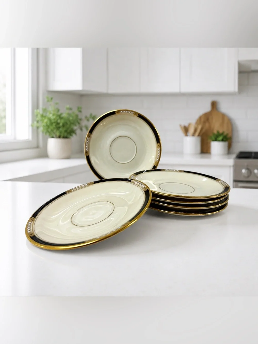 Lenox Hancock Presidential 6 Saucers 6-1/8” Ivory Bone China 24K Gold USA Vtg